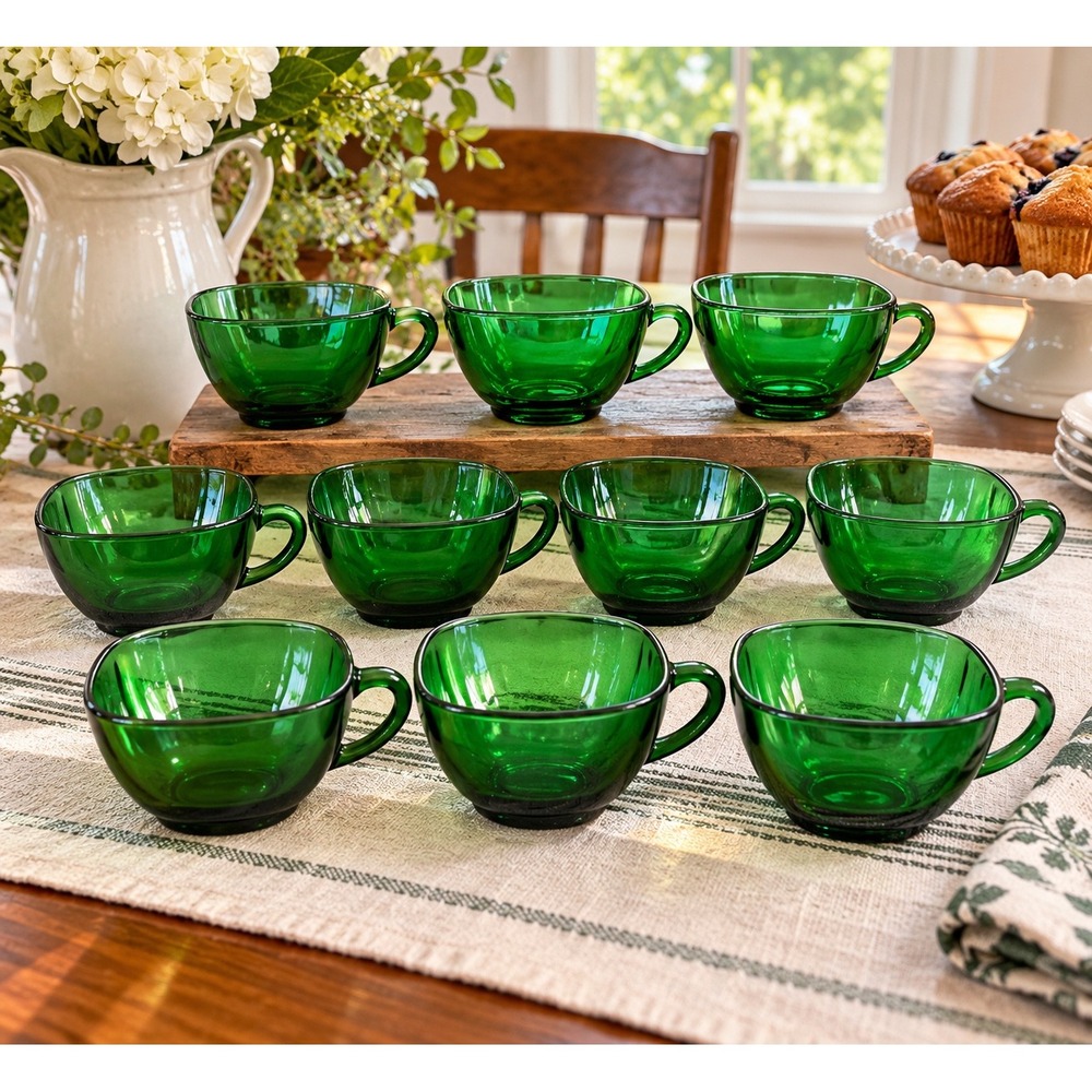 Vintage Anchor Hocking Charm Forest Green Glass Cups Set of 10 Mid Century